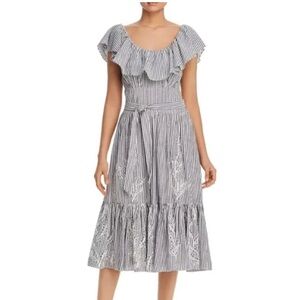 NWT Tory Burch Eyelet Embroidered Seersucker Midi On Off Shoulder Ruffle Dress 4